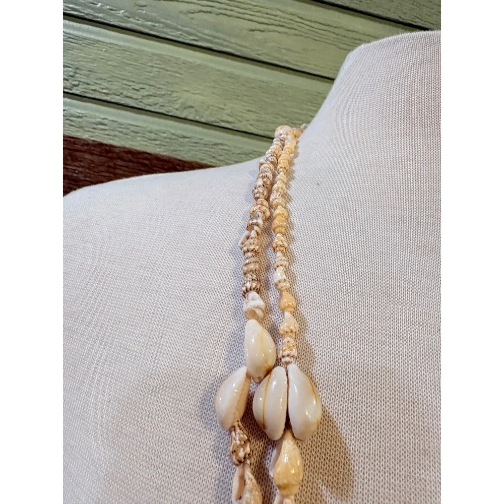 Cowrie Sea Shell Necklace Set 34 Inch‎ Beach Boho Two Strands Cream Brown Tones